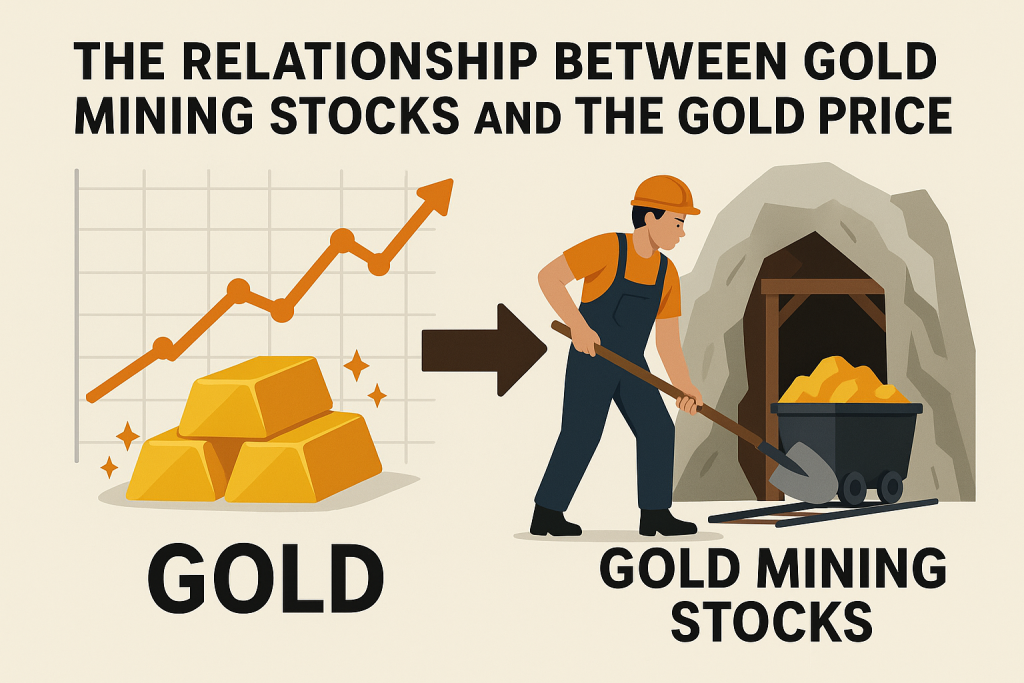 Illustration showing gold bars and a rising chart on one side and a miner with a cart of gold on the other, representing the relationship between gold prices and gold mining stocks.